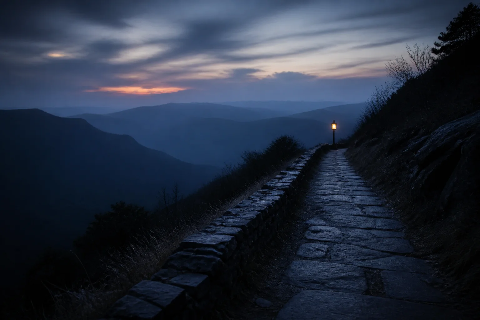 A stone path disappearing toward layered hills beneath a blue-hour sky and lantern