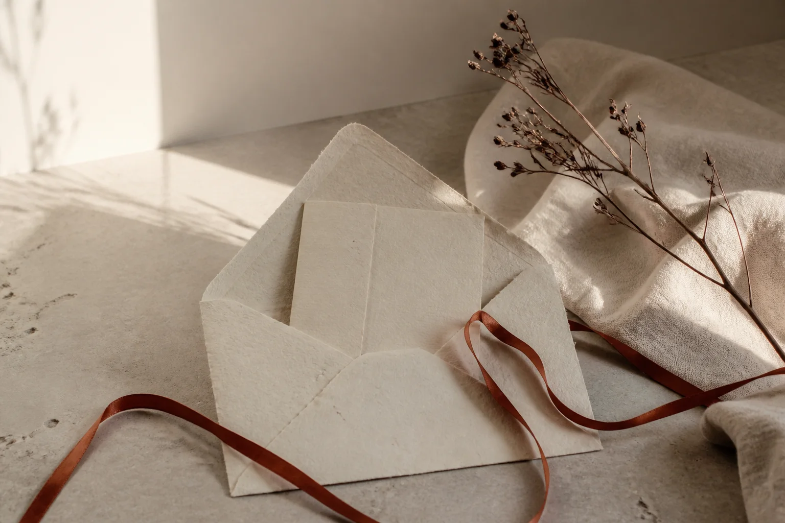 An open handmade paper envelope with a muted cinnabar ribbon and dried branch