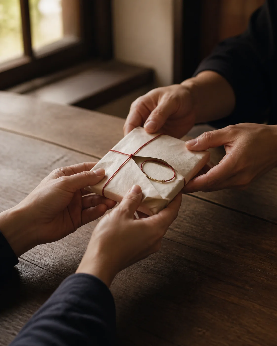 Two pairs of hands passing a small paper parcel tied with a vermilion thread across a wooden table