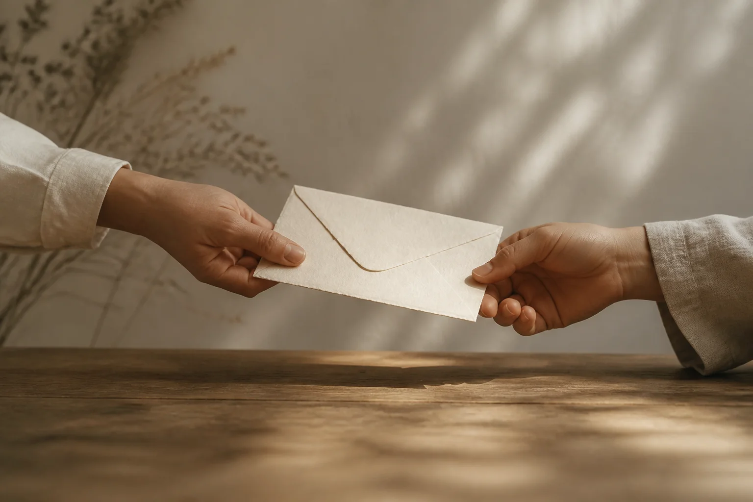 Two anonymous hands exchanging a handmade cream envelope across a wooden table