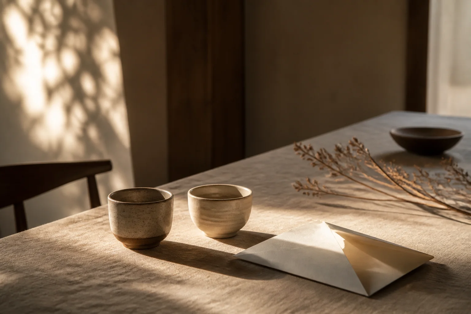 Two ceramic cups and an open envelope resting on a long table in late light