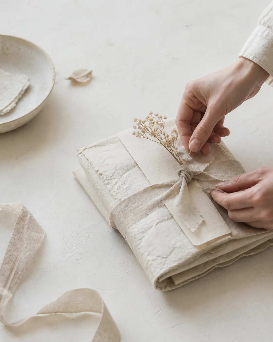 Handmade paper, linen ribbon, and a dried flower being arranged for wrapping