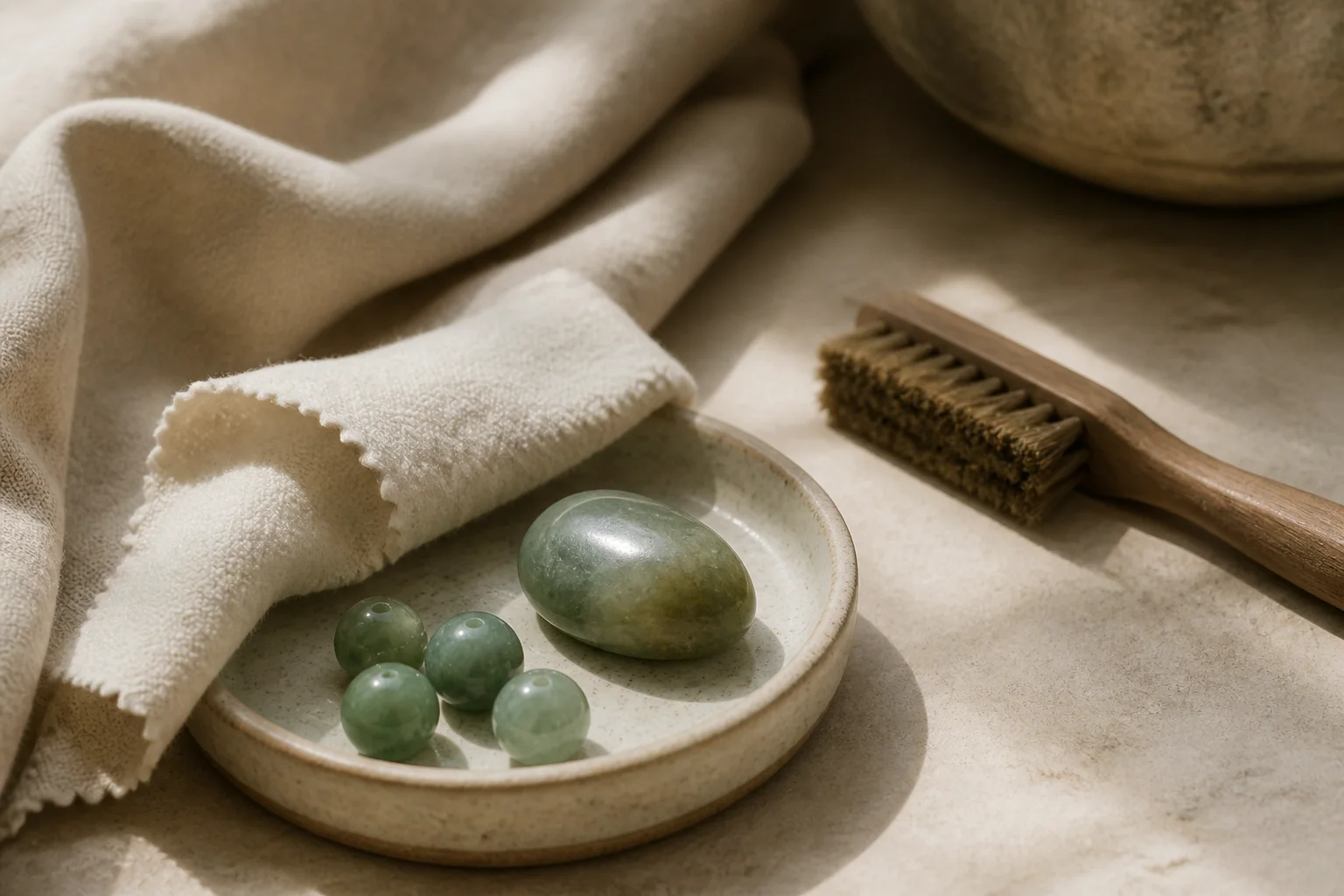 Green jade beads, a polishing cloth, and a natural-bristle brush arranged on a ceramic tray