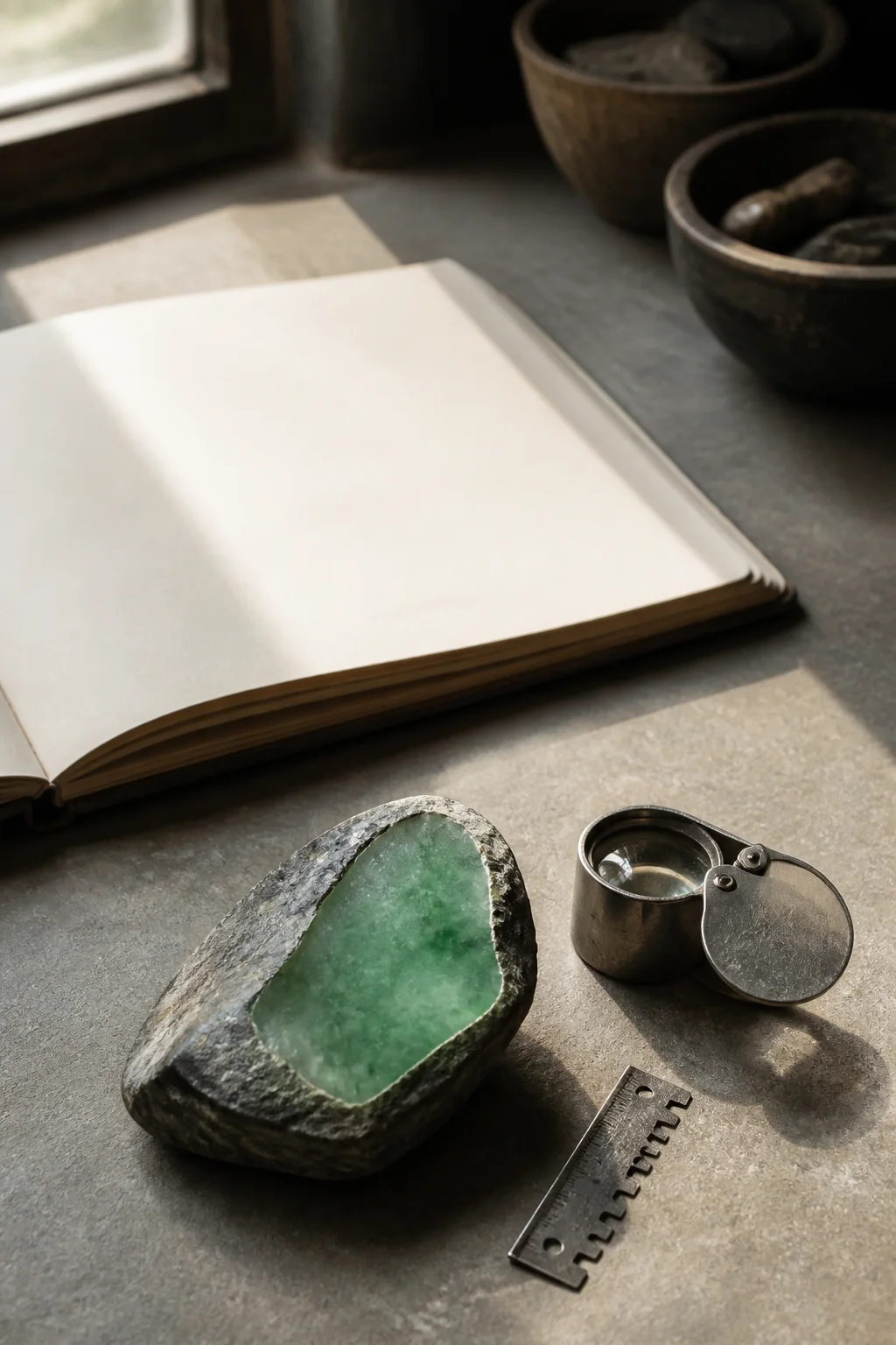 An irregular green jade stone, a jeweler's loupe, and a metal measuring gauge on a studio table