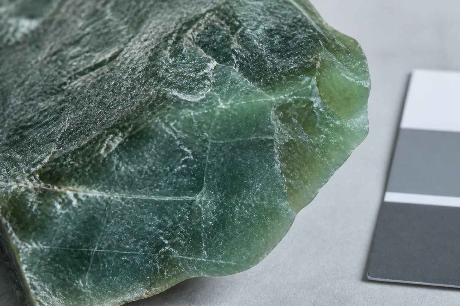 A close view of natural jade texture, inclusions, and an unpolished edge