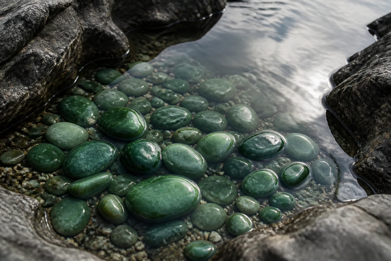Smooth green river stones resting beneath clear water between dark rocks