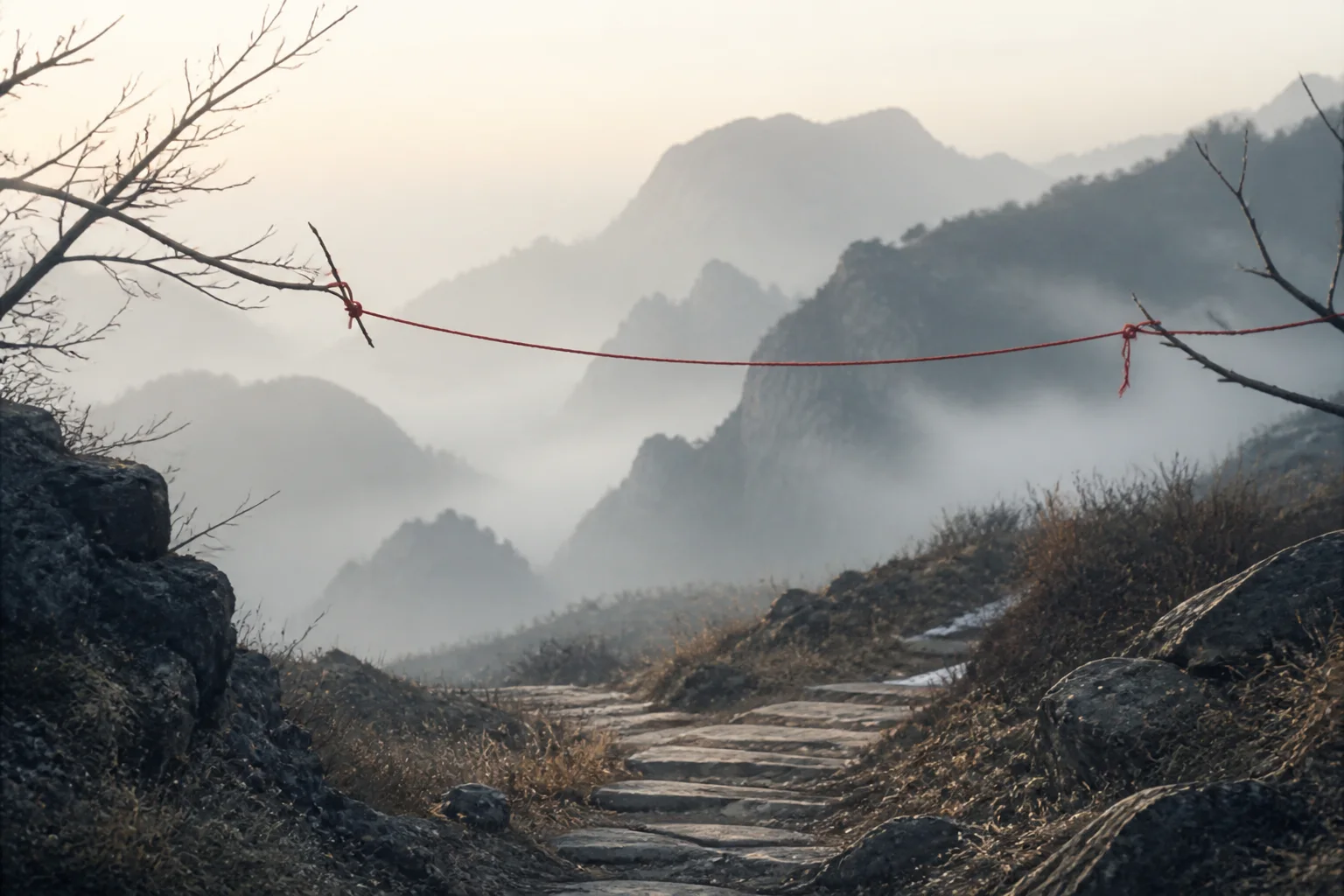 A red thread crossing a misty mountain path between two bare branches