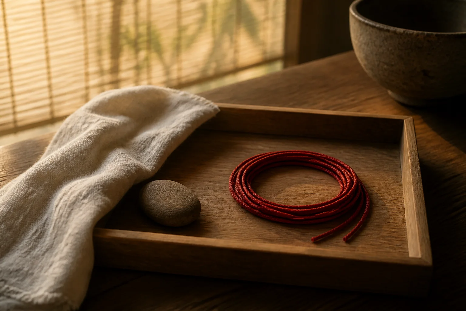 A fine red cord coiled in a wooden tray beside folded linen and a dark stone