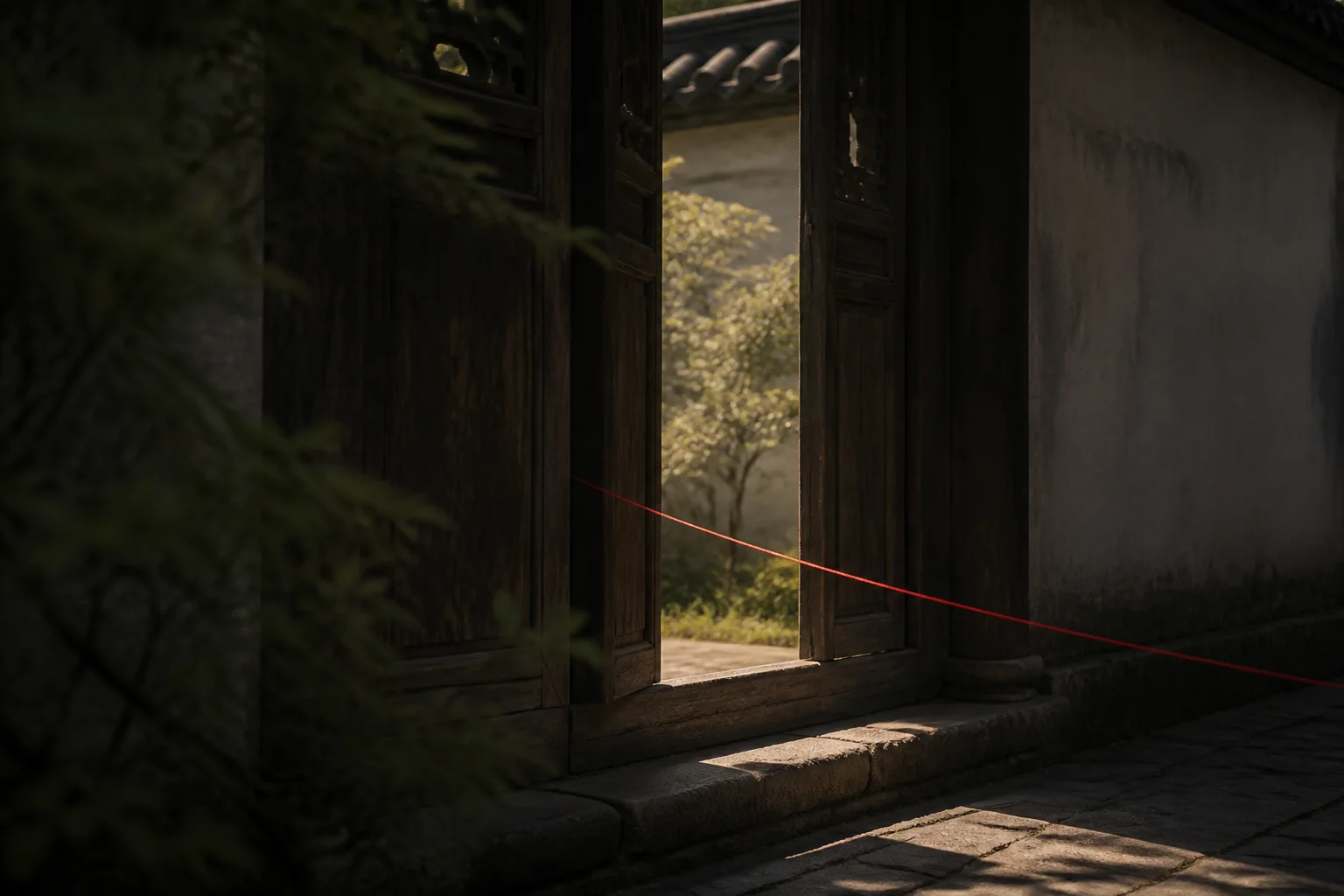 A red thread crossing an old wooden doorway in quiet afternoon light