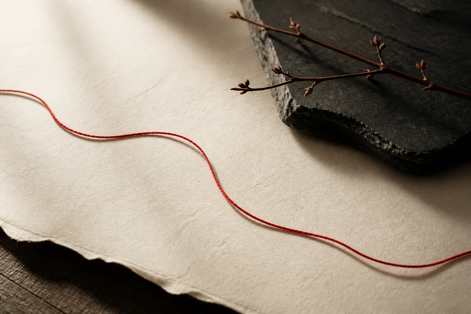 A cinnabar-red thread crossing handmade paper beside a dark slate stone