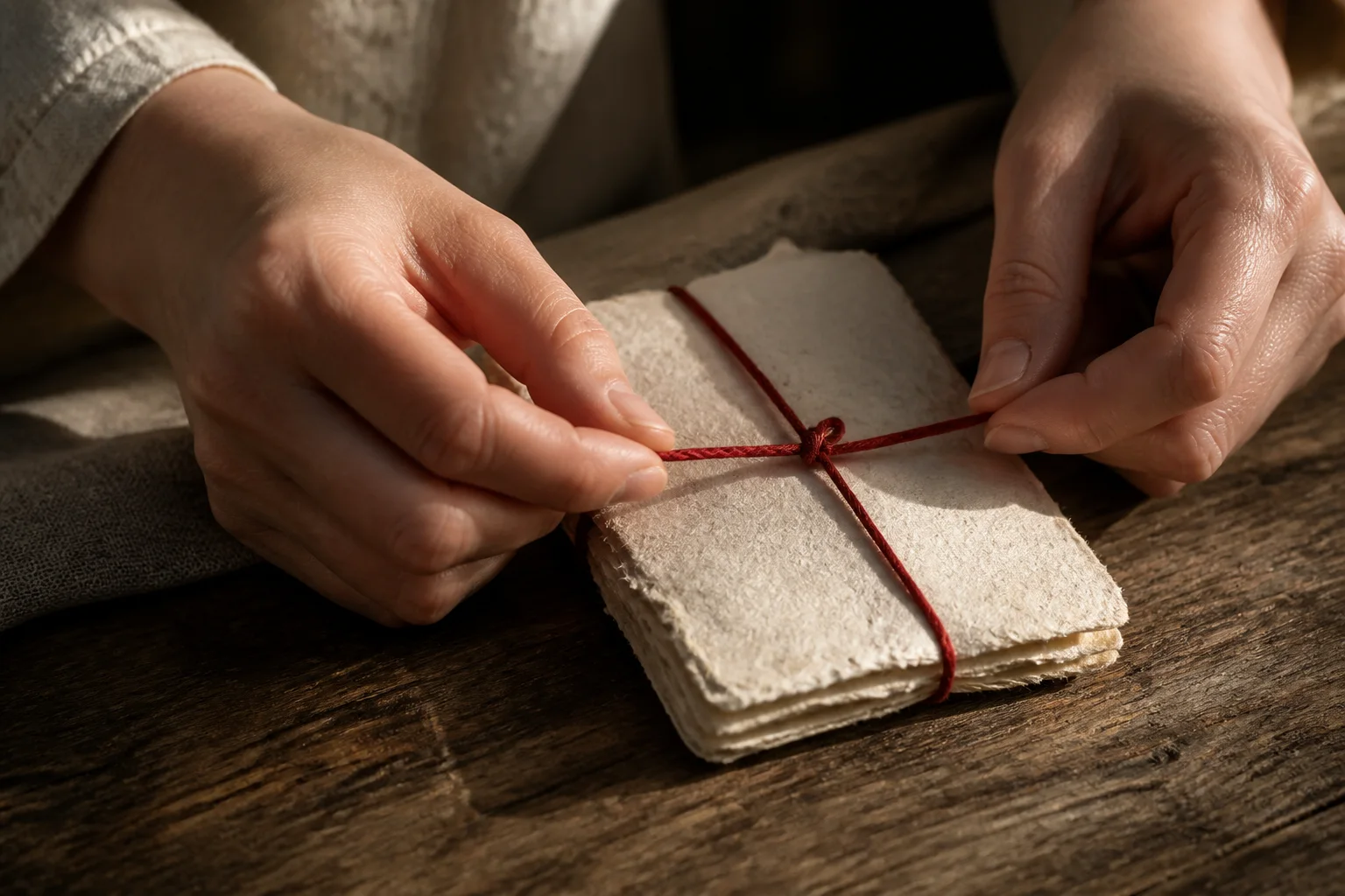 Two hands tying a cinnabar-red thread around a sheet of handmade paper