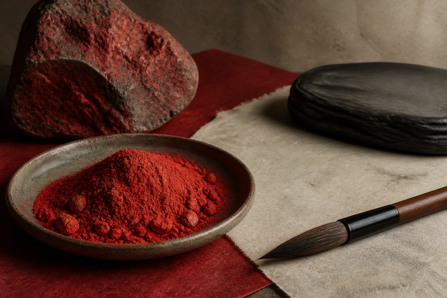 Cinnabar pigment in a small dish beside a dark red mineral and a fine brush