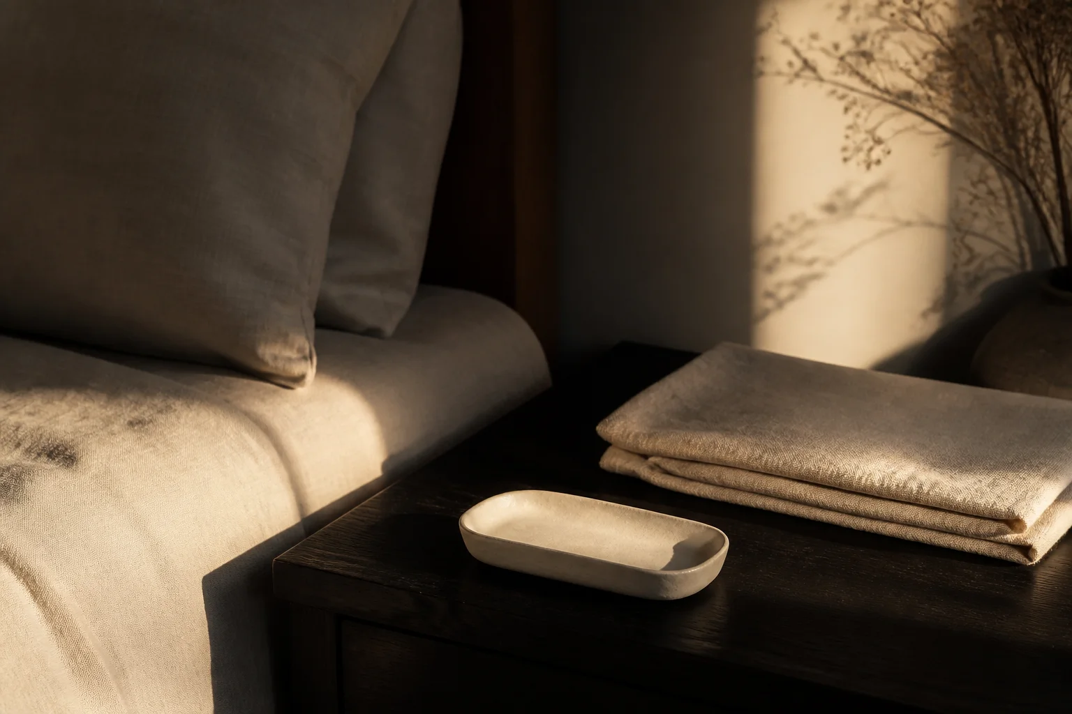 A small ceramic tray and folded linen resting in warm evening light on a dark bedside table