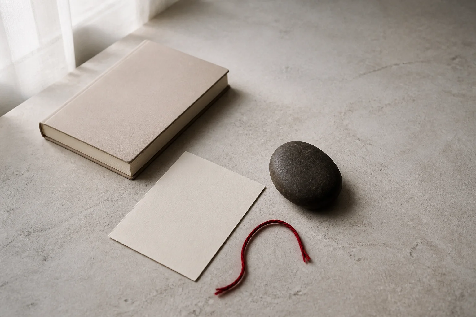 A blank cream card, a dark river stone, and a vermilion thread arranged beside a closed notebook