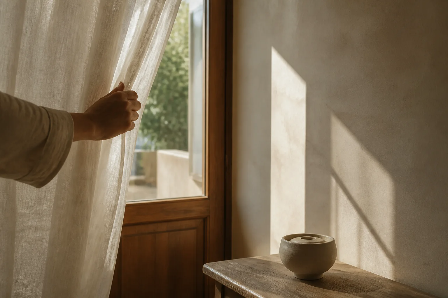 A hand drawing back a sheer curtain beside a sunlit wooden doorway