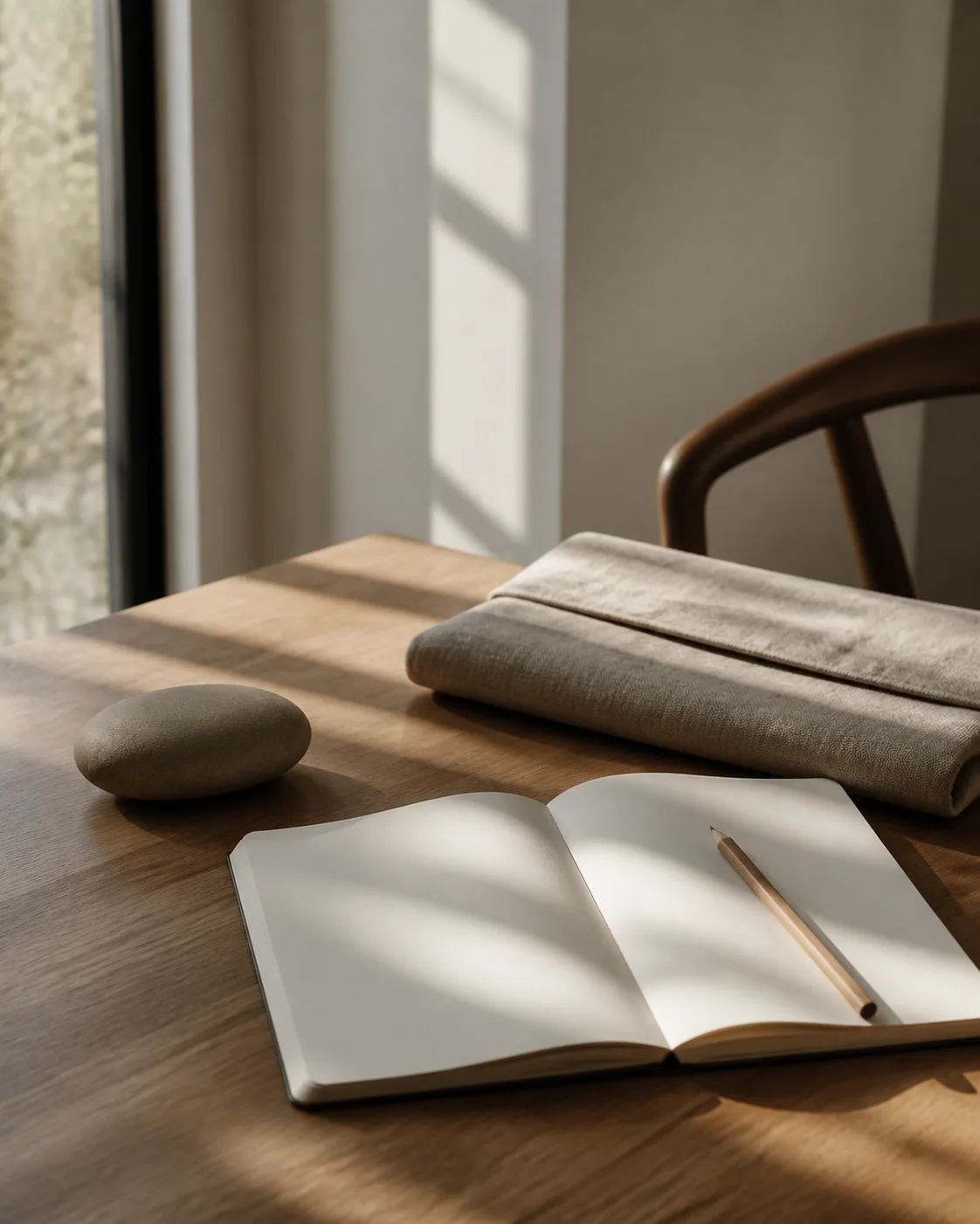 An open blank notebook, pencil, and smooth stone on a sunlit morning desk
