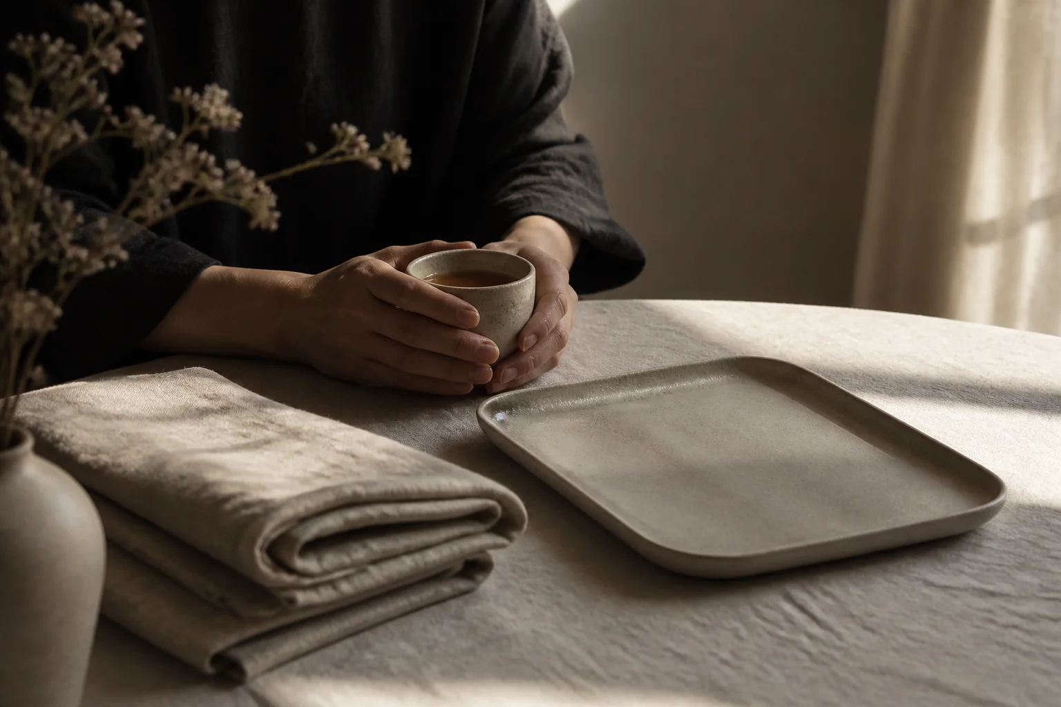 A ceramic cup of tea, folded linen, and a stoneware tray in early sunlight