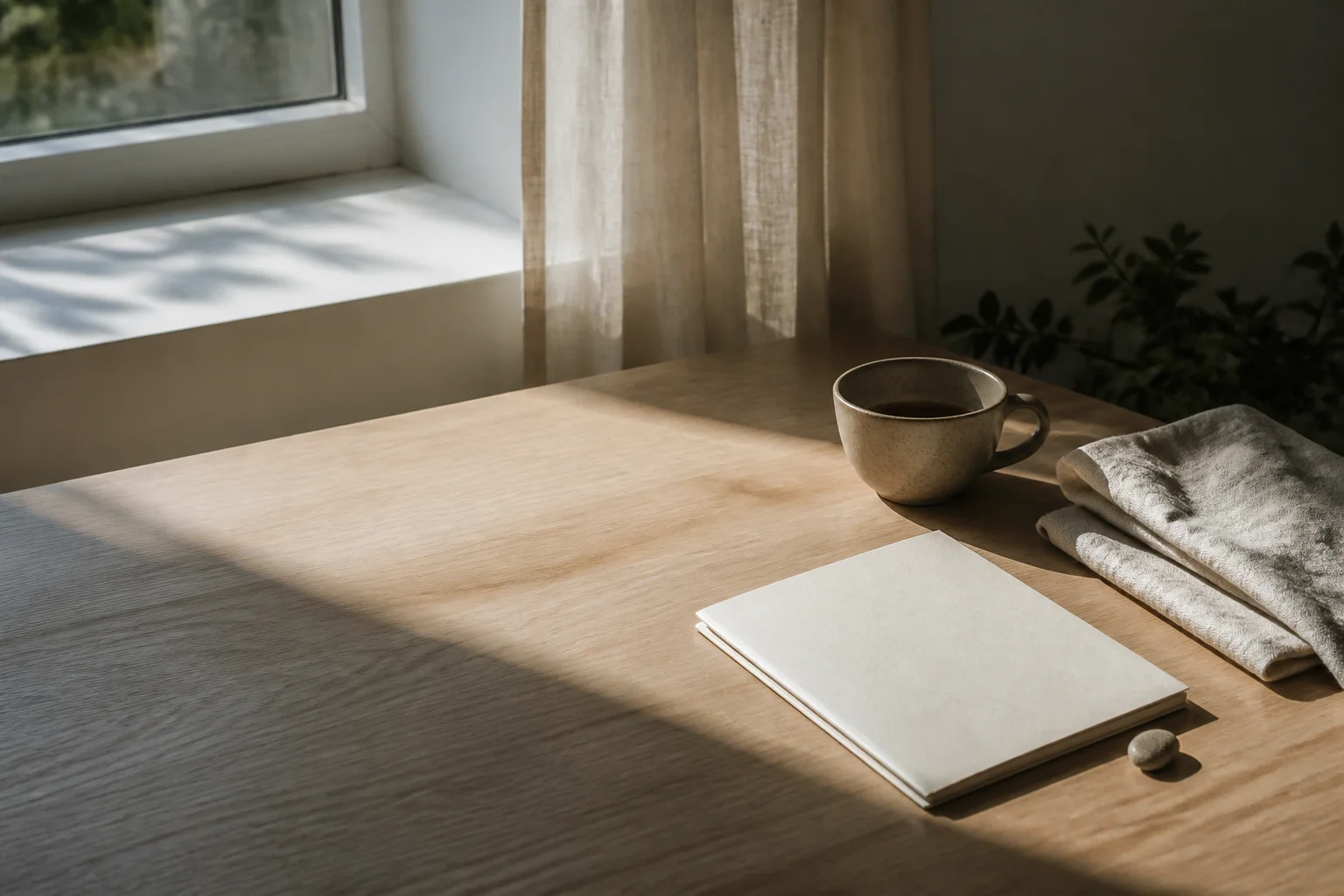 A quiet table with a ceramic cup, folded linen, blank notebook, and one smooth stone in morning light