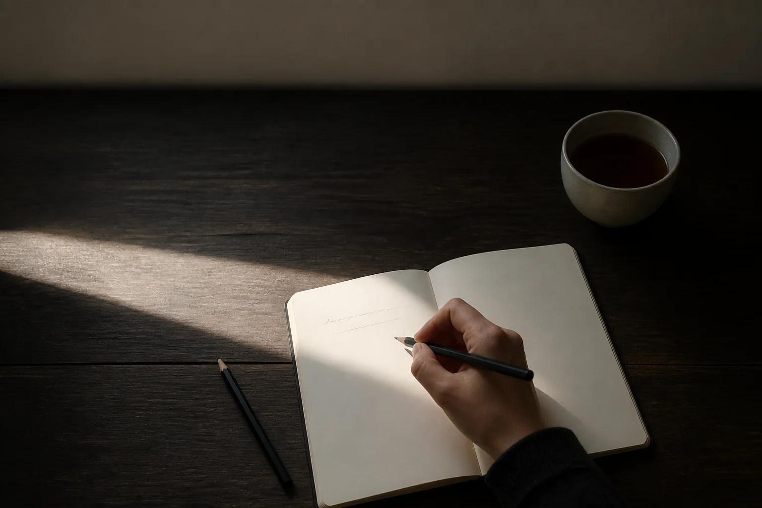 An anonymous hand writing an indistinct line in an open notebook on a sunlit wooden desk