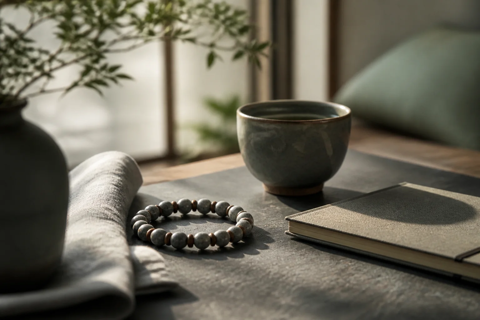 A quiet morning table with a dark stone bracelet, a cup, and a folded linen cloth