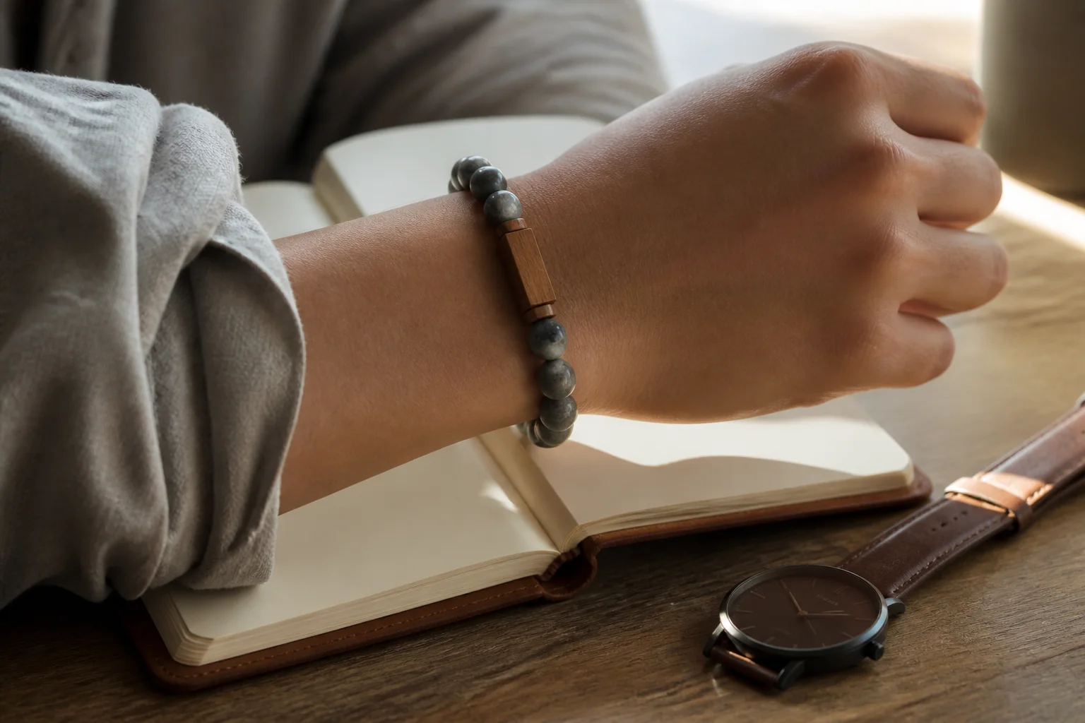 A dark bracelet resting on a wrist beside a notebook and a simple watch in afternoon light