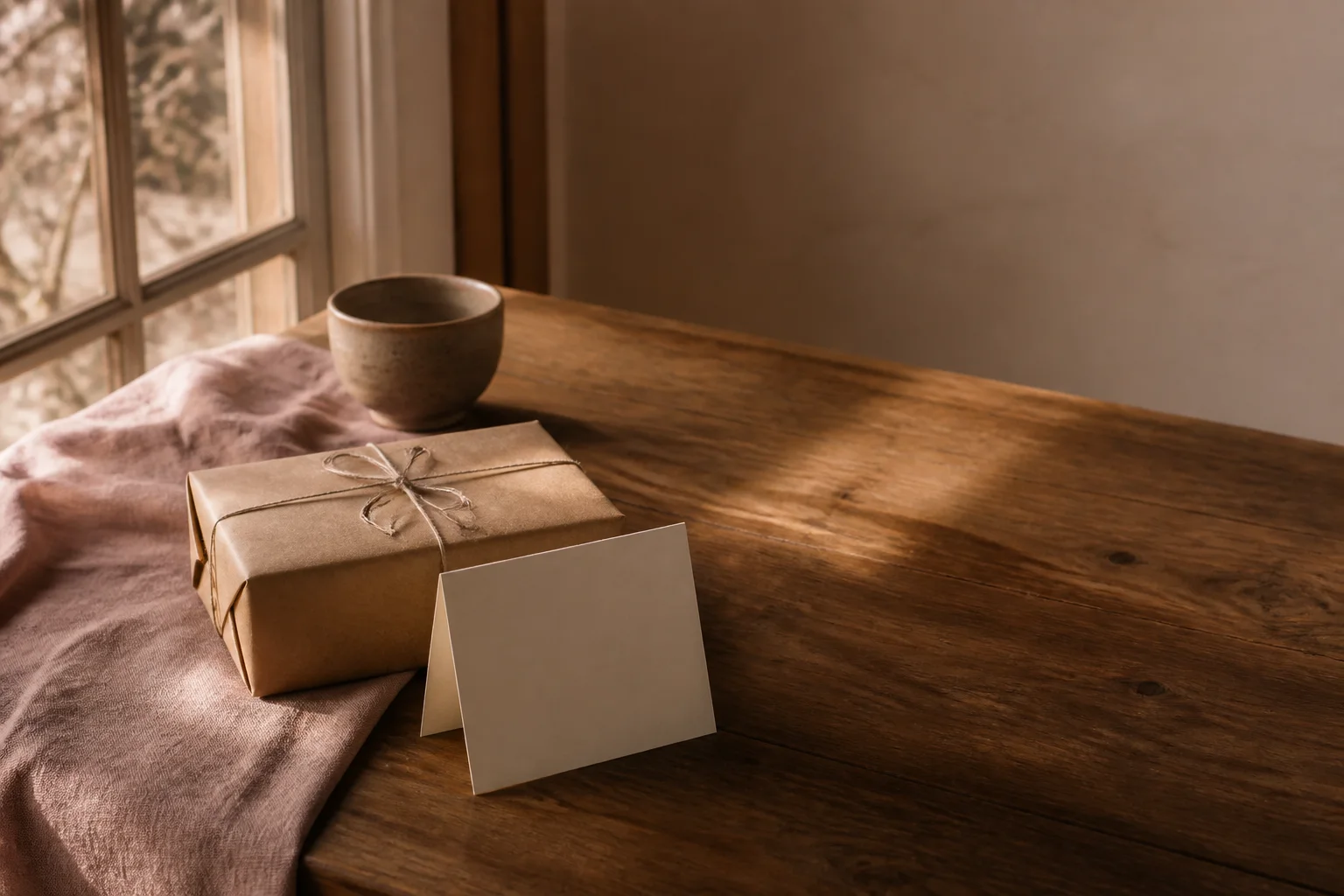A small wrapped parcel and a blank card resting on a wooden table beside a quiet window