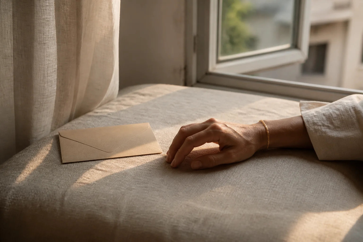 A relaxed hand wearing a modest bracelet beside a face-down card in afternoon light