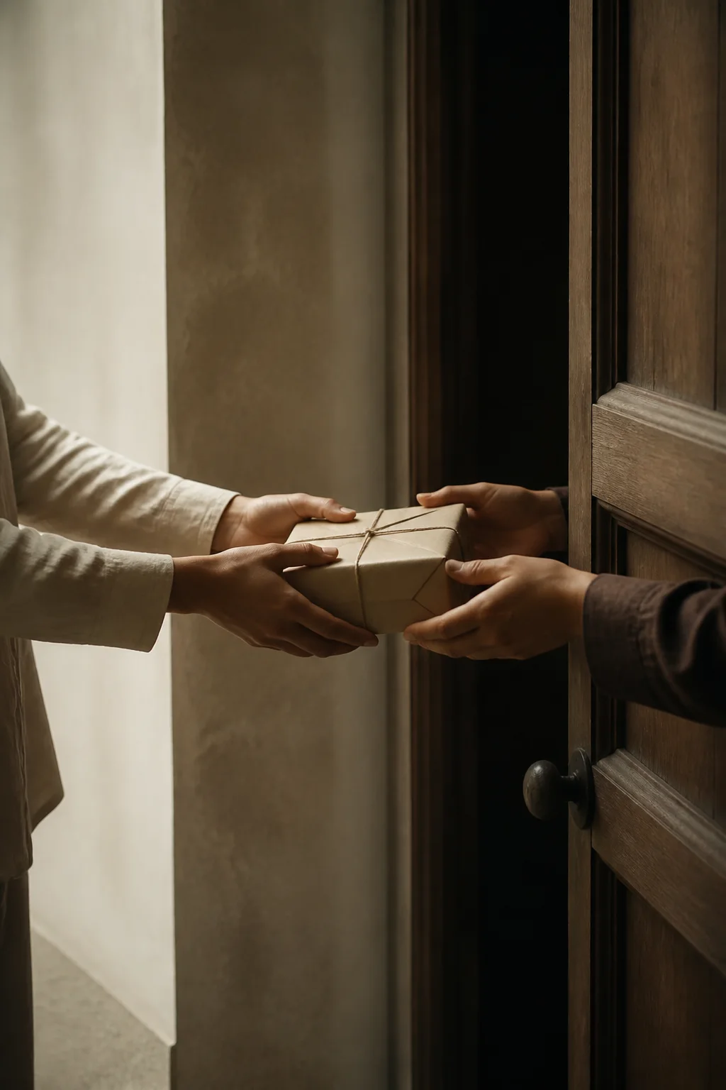 Two pairs of anonymous hands passing a simple paper-wrapped parcel through a doorway
