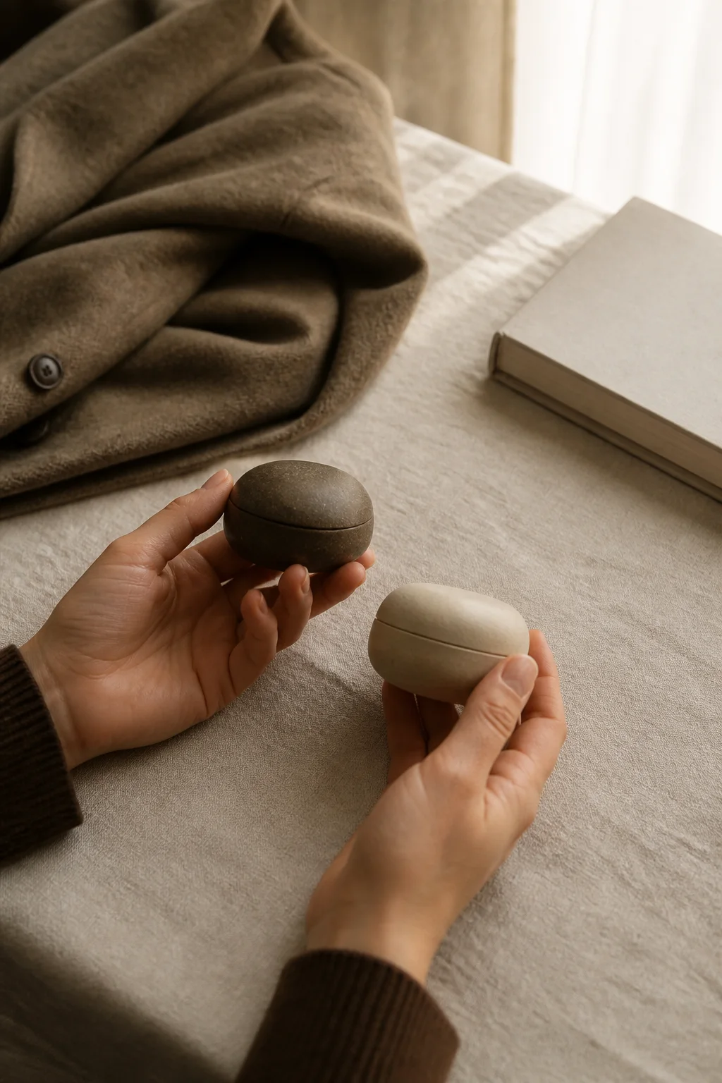 Anonymous hands comparing two small unbranded objects on a linen-covered table