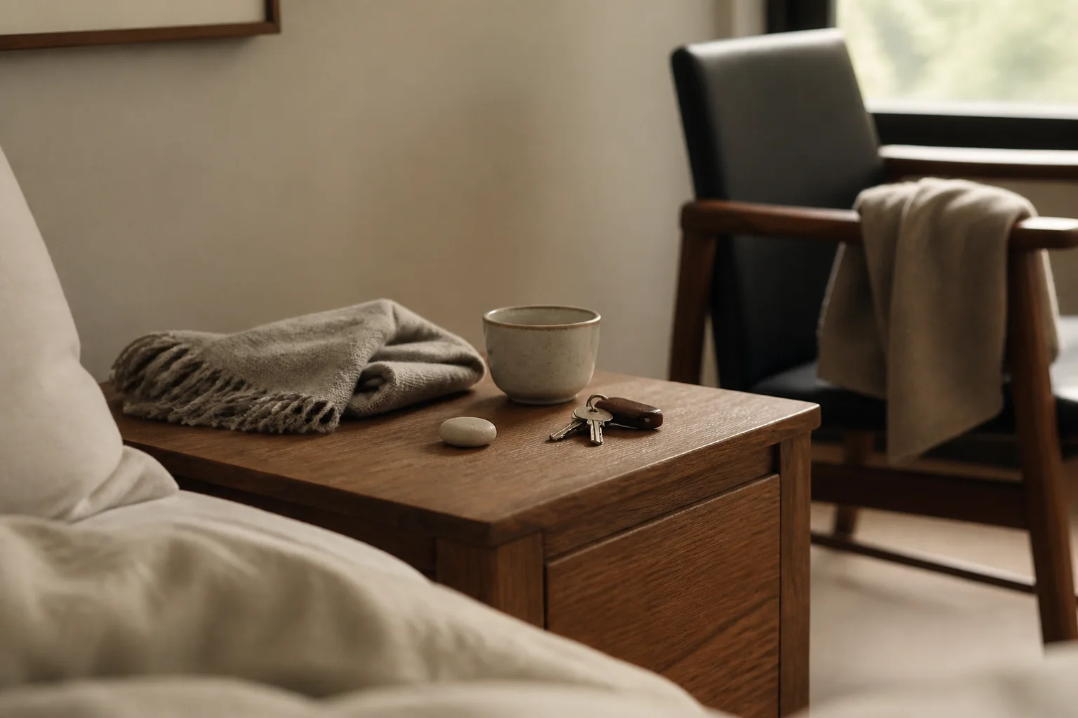 A small keepsake resting on a bedside table beside a folded scarf, keys, and a cup