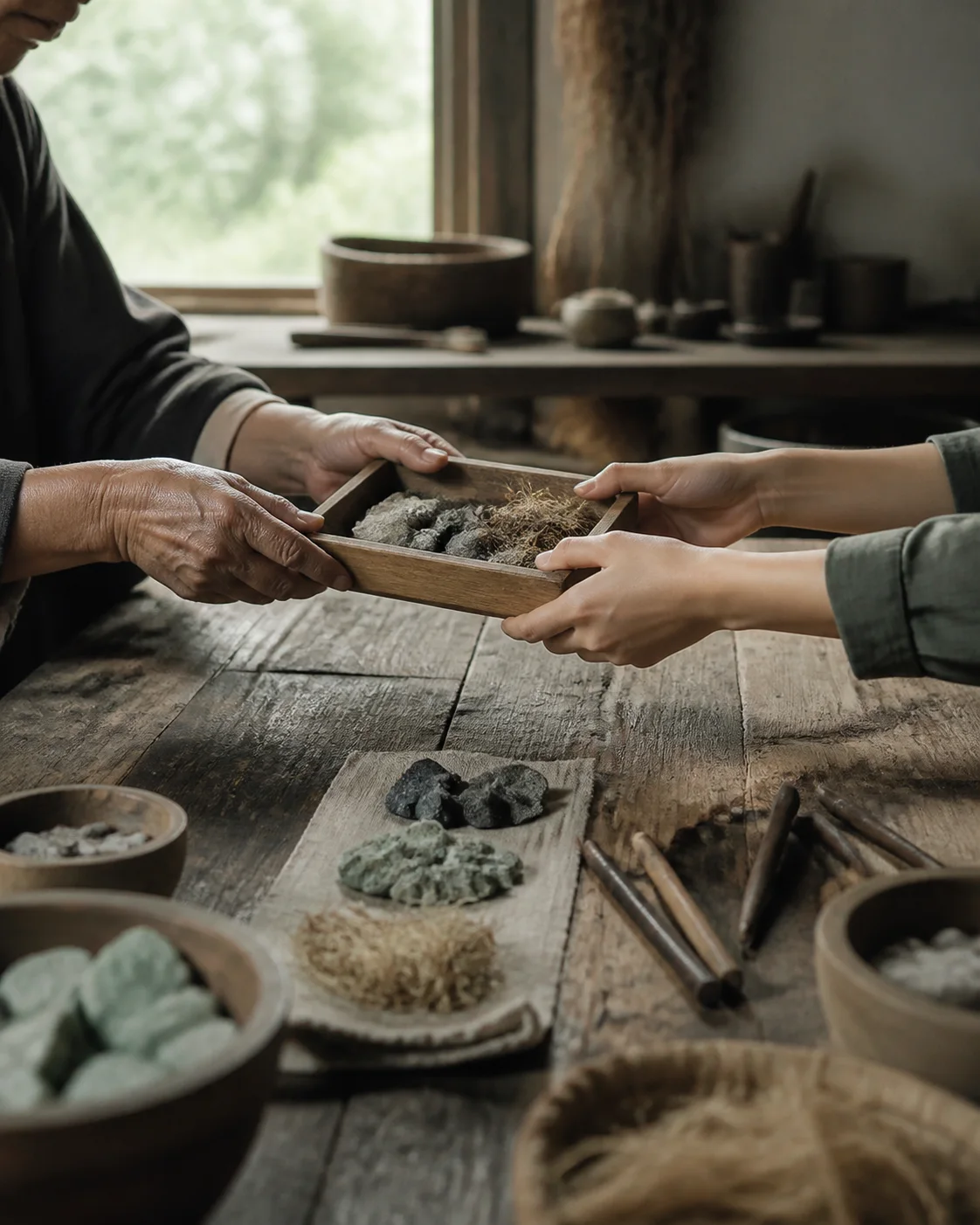 Two makers sorting raw natural materials together at a shared worktable