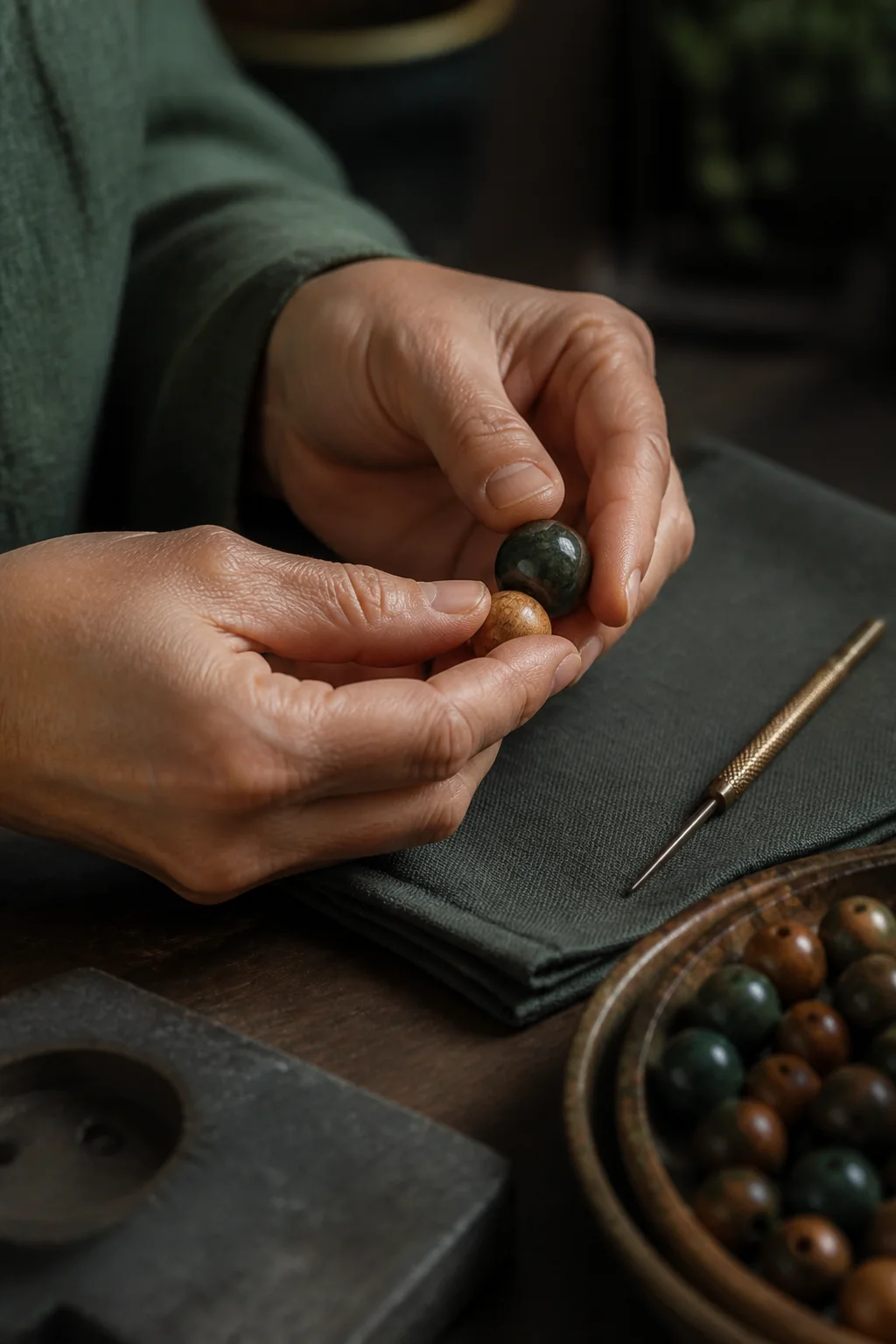 A maker comparing the surface of two natural components beside a small metal tool