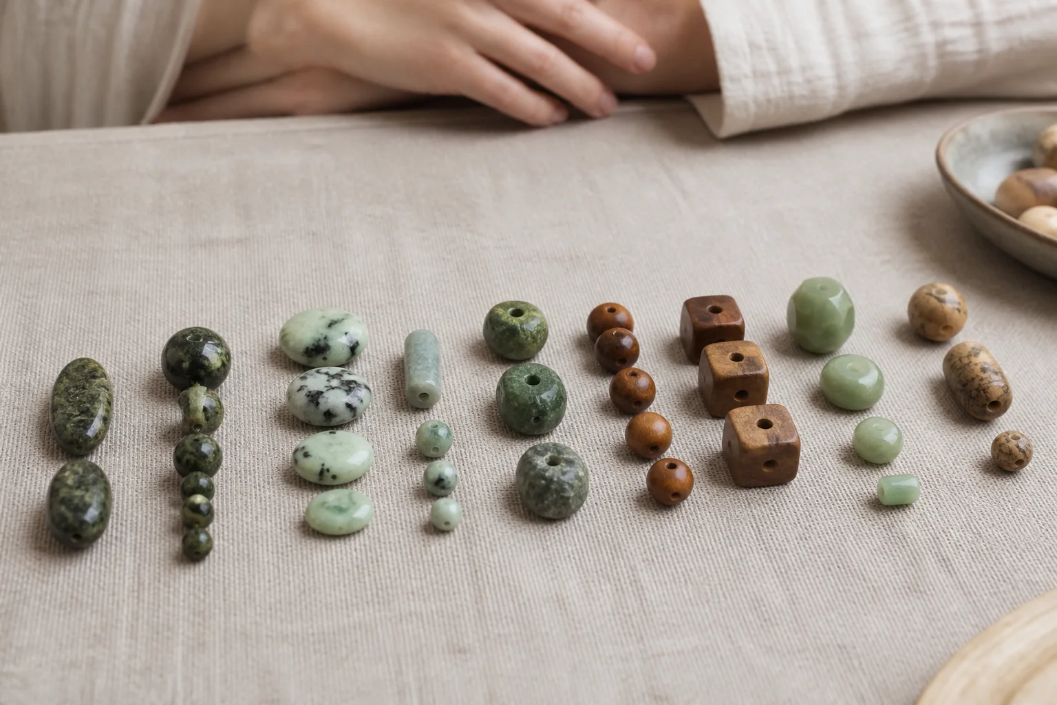 Hands sorting small natural stones and wood beads into restrained groups on linen