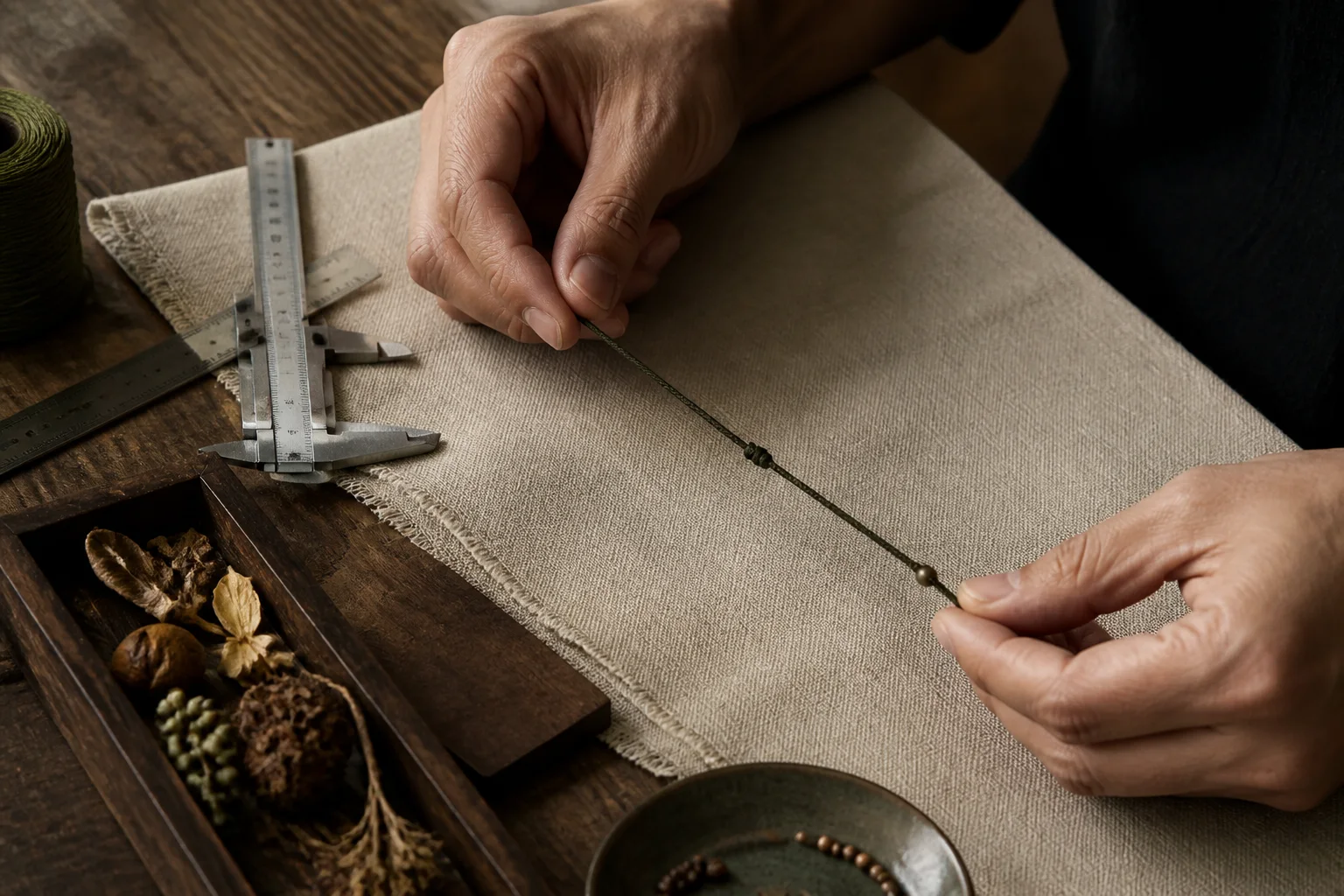 A maker checking the tension and knot of a cord sample beside measuring tools and loose components