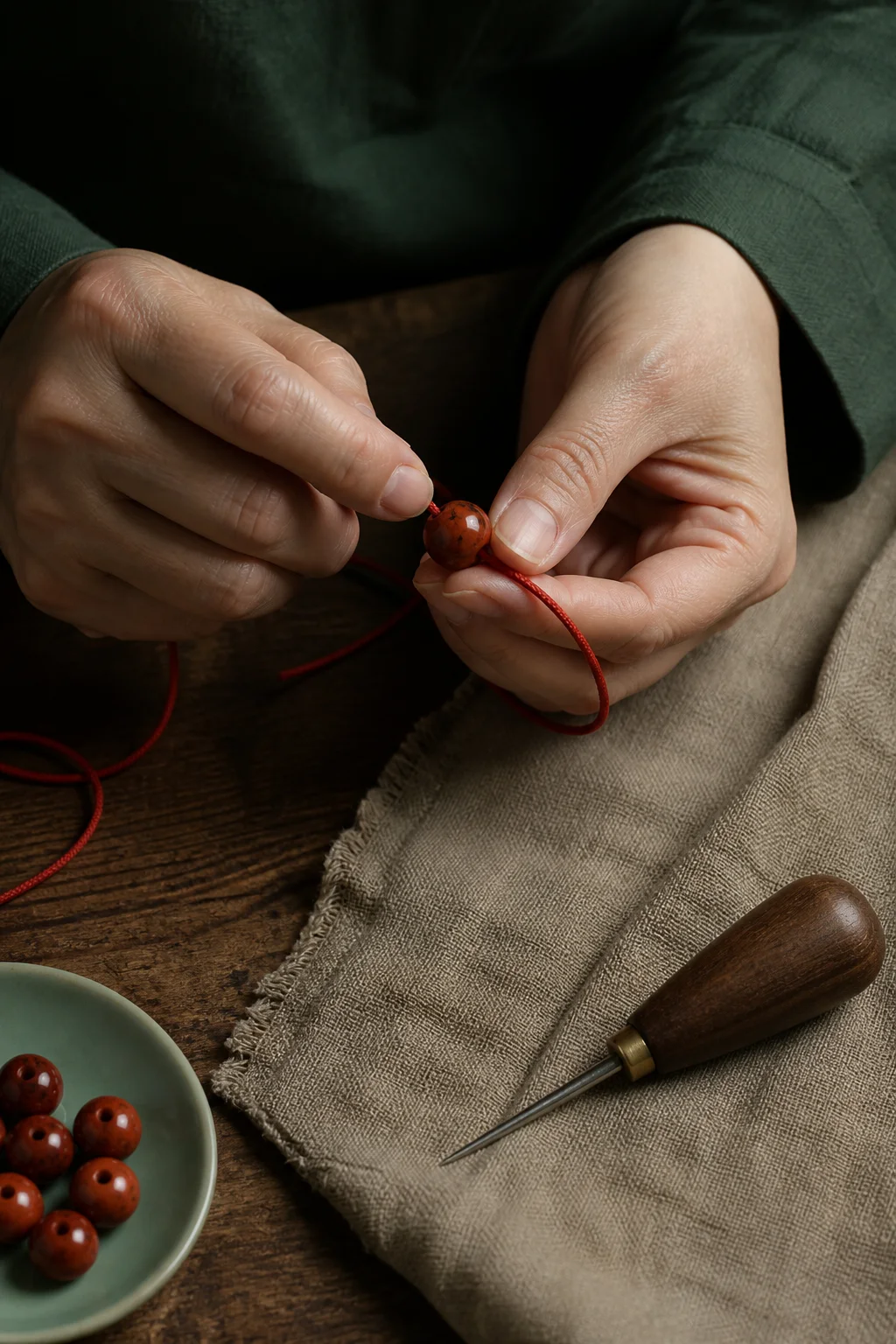 A close view of hands threading a red cord through a bead beside simple craft tools