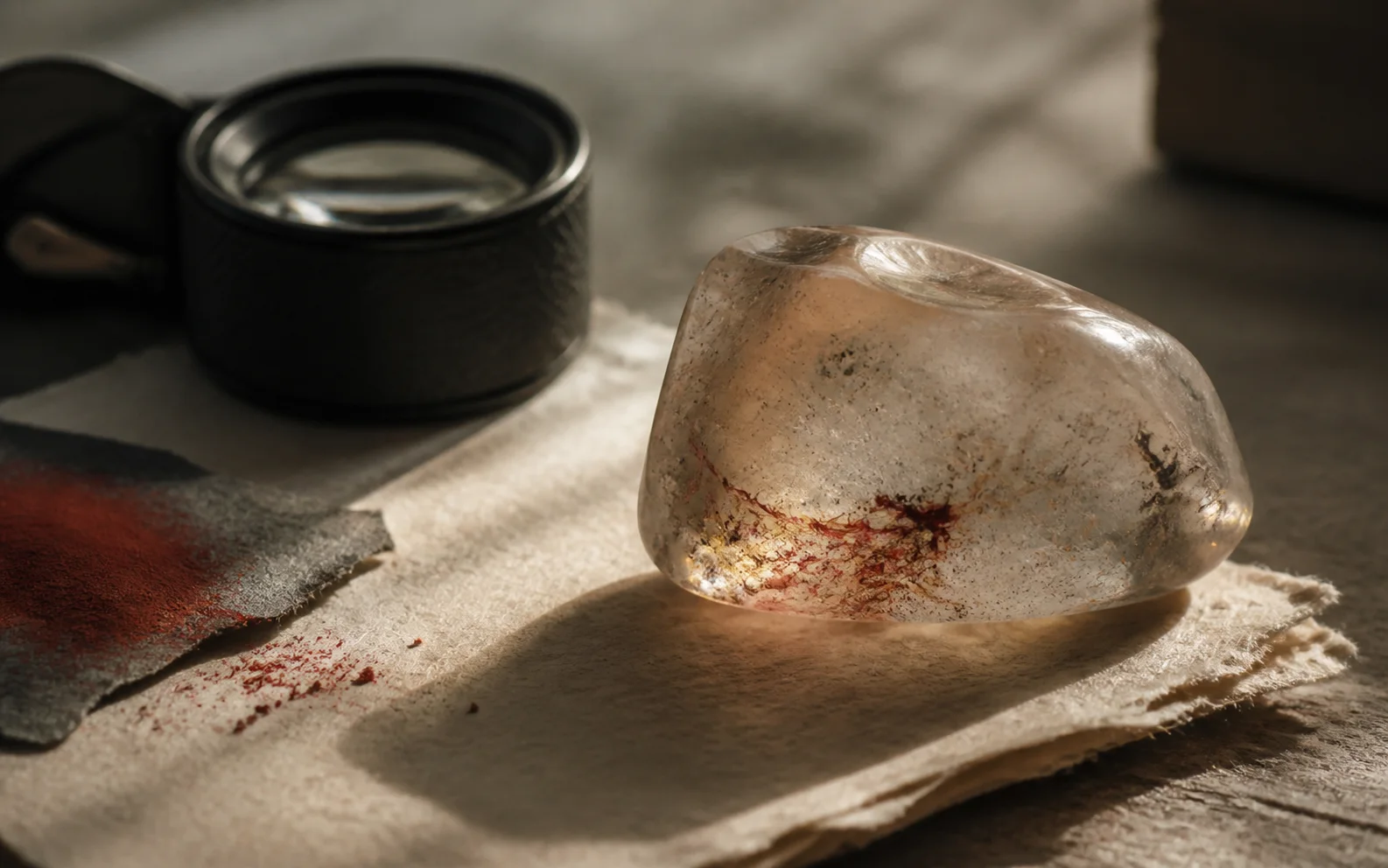 A quiet materials table with a translucent stone, a loupe, and soft directional light