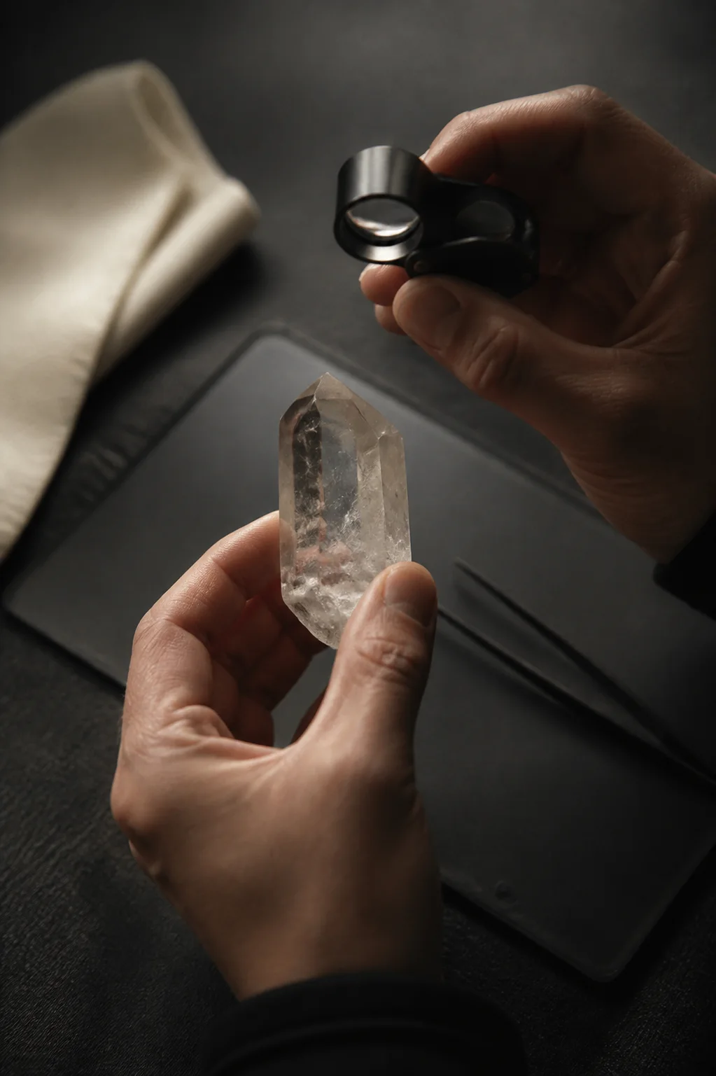 Anonymous hands examining a clear quartz specimen with a loupe on a dark workbench