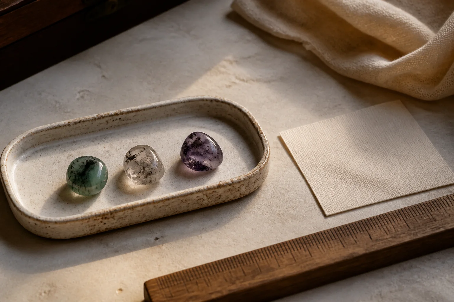 Three natural stones with different visible inclusions arranged in a simple ceramic tray