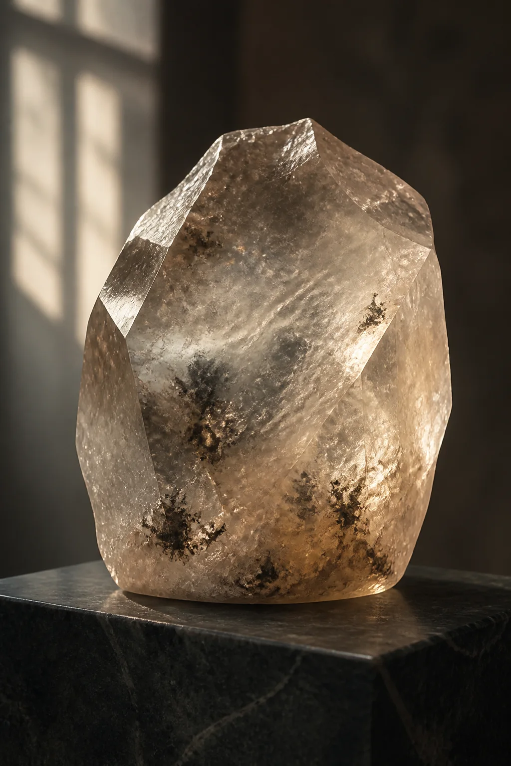 A translucent quartz specimen with cloudy internal inclusions lit from the side