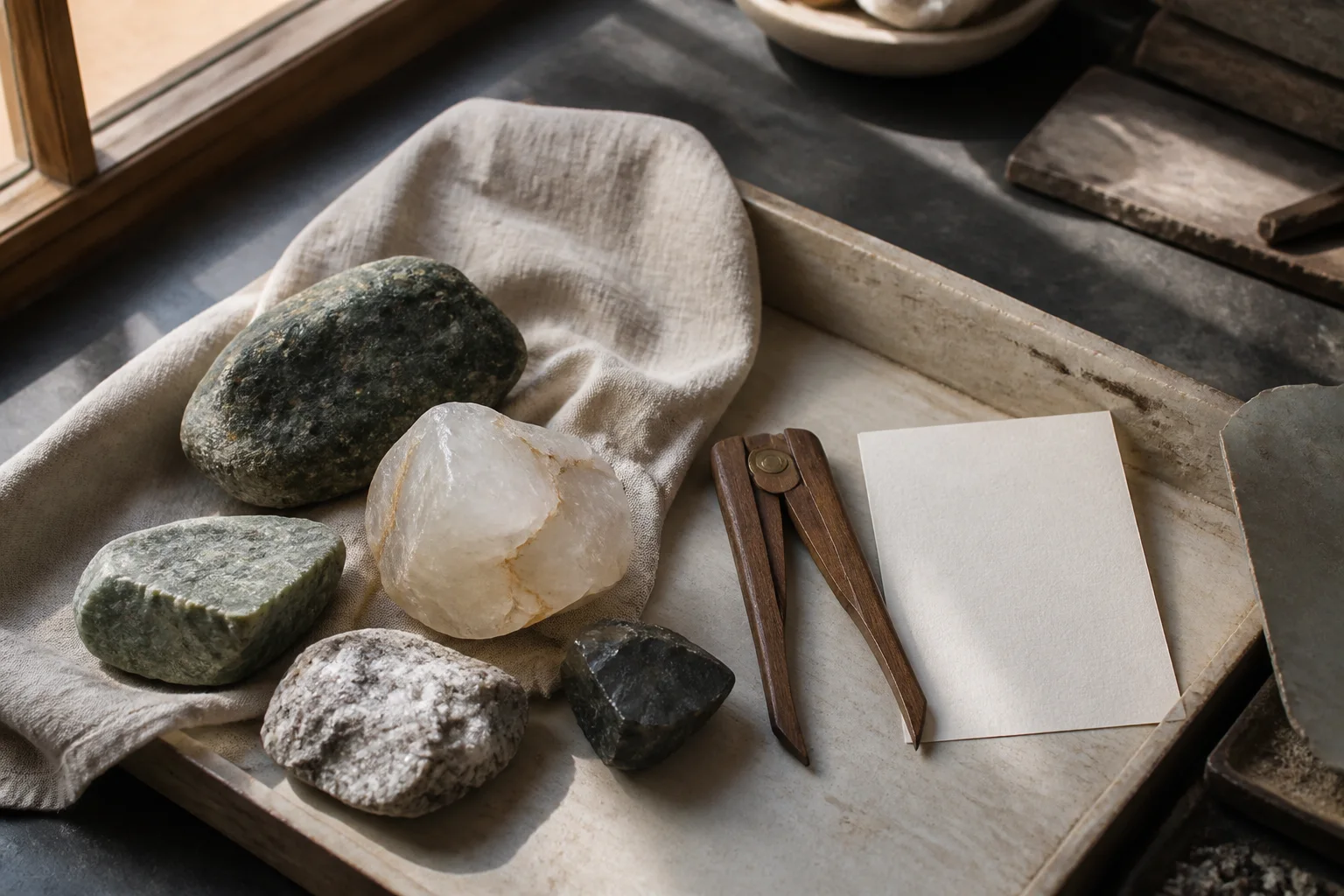 A tray of uncut mineral specimens arranged beside wooden tools and blank paper