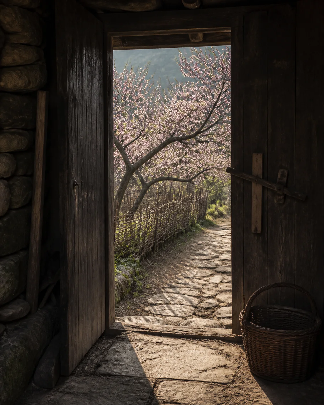 A dark wooden gate opening toward peach trees and a sunlit path