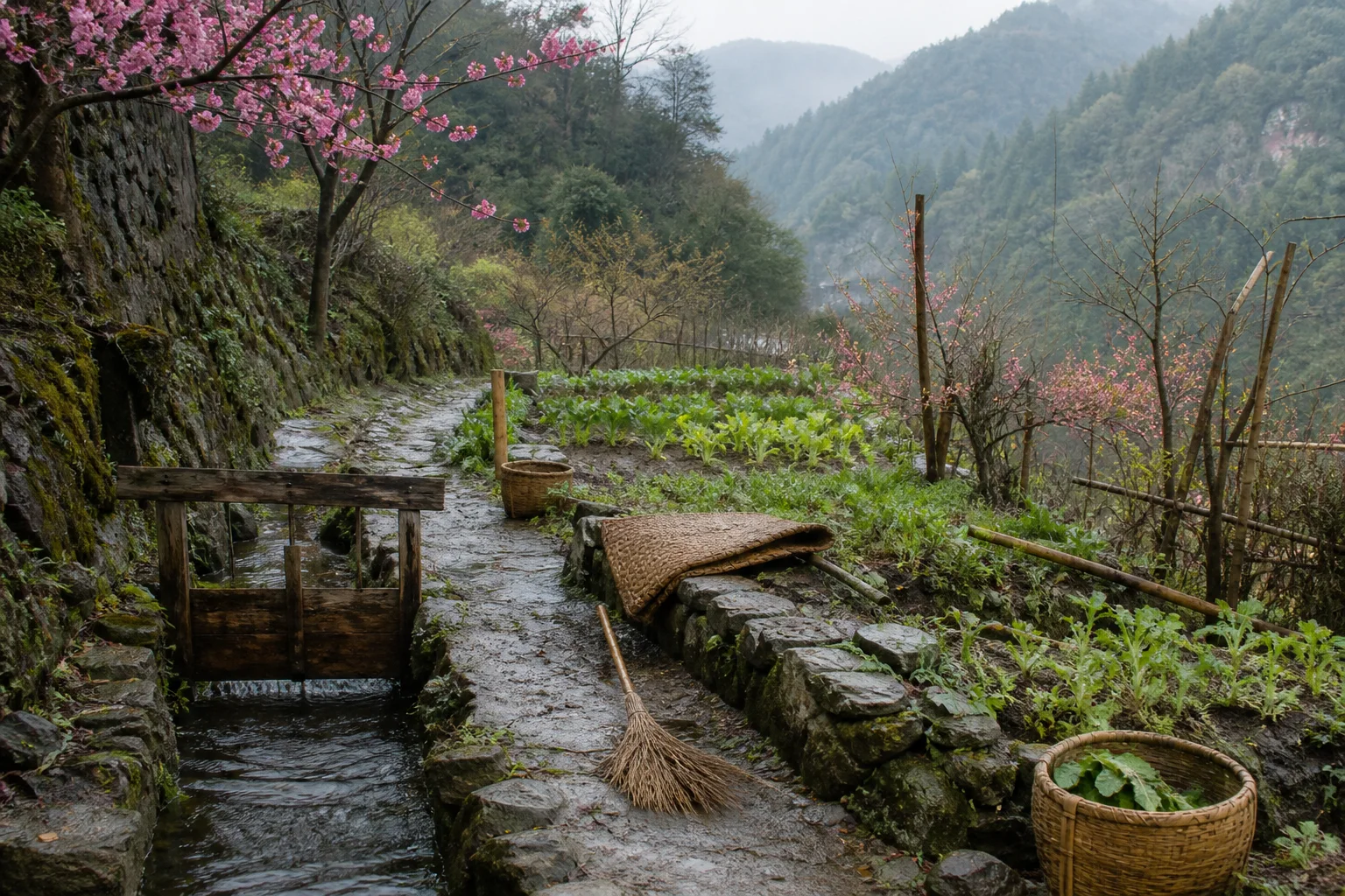 Terraced fields and a small garden arranged along a quiet mountain slope