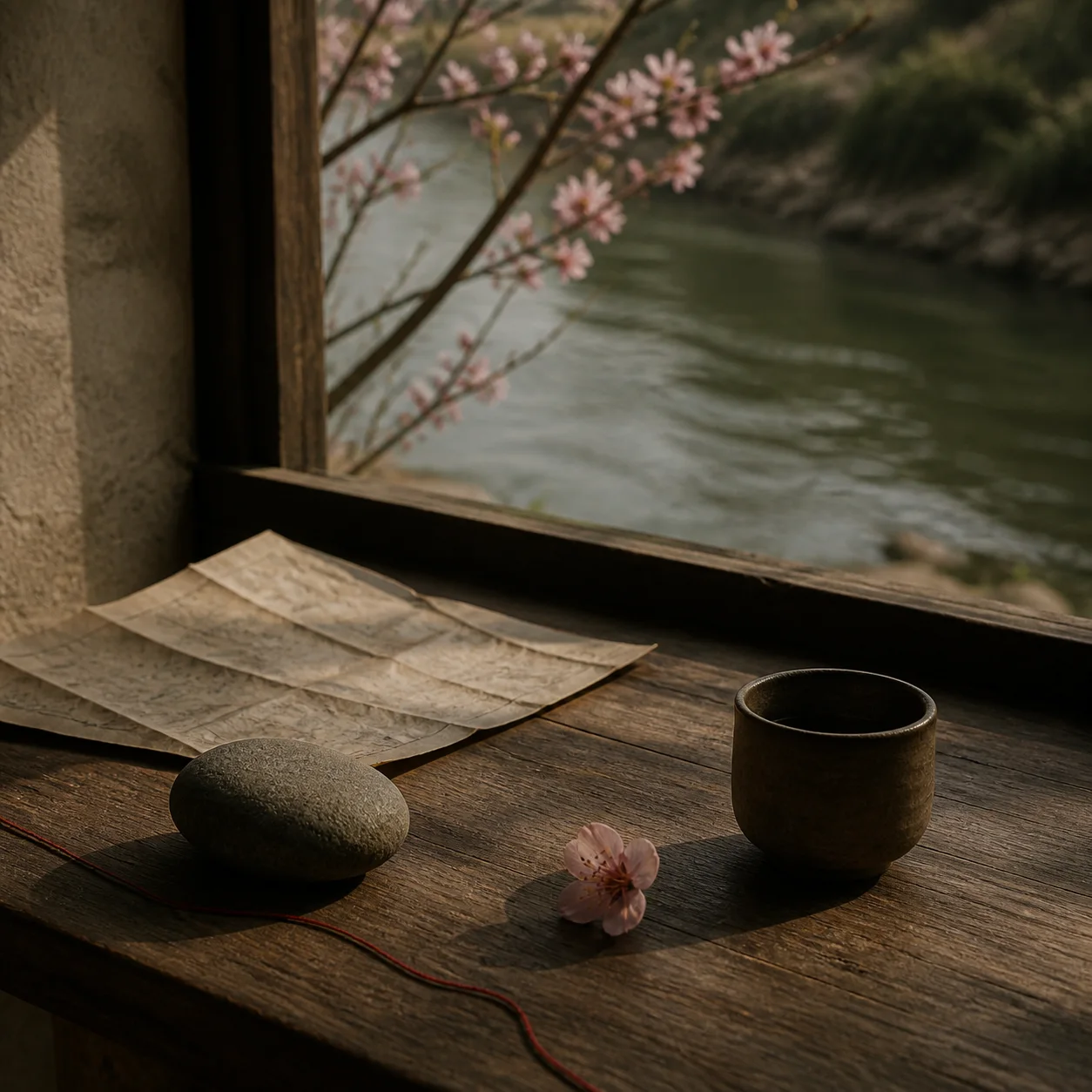 A low table beside a stream with a stone cup, paper, and a view of green hills