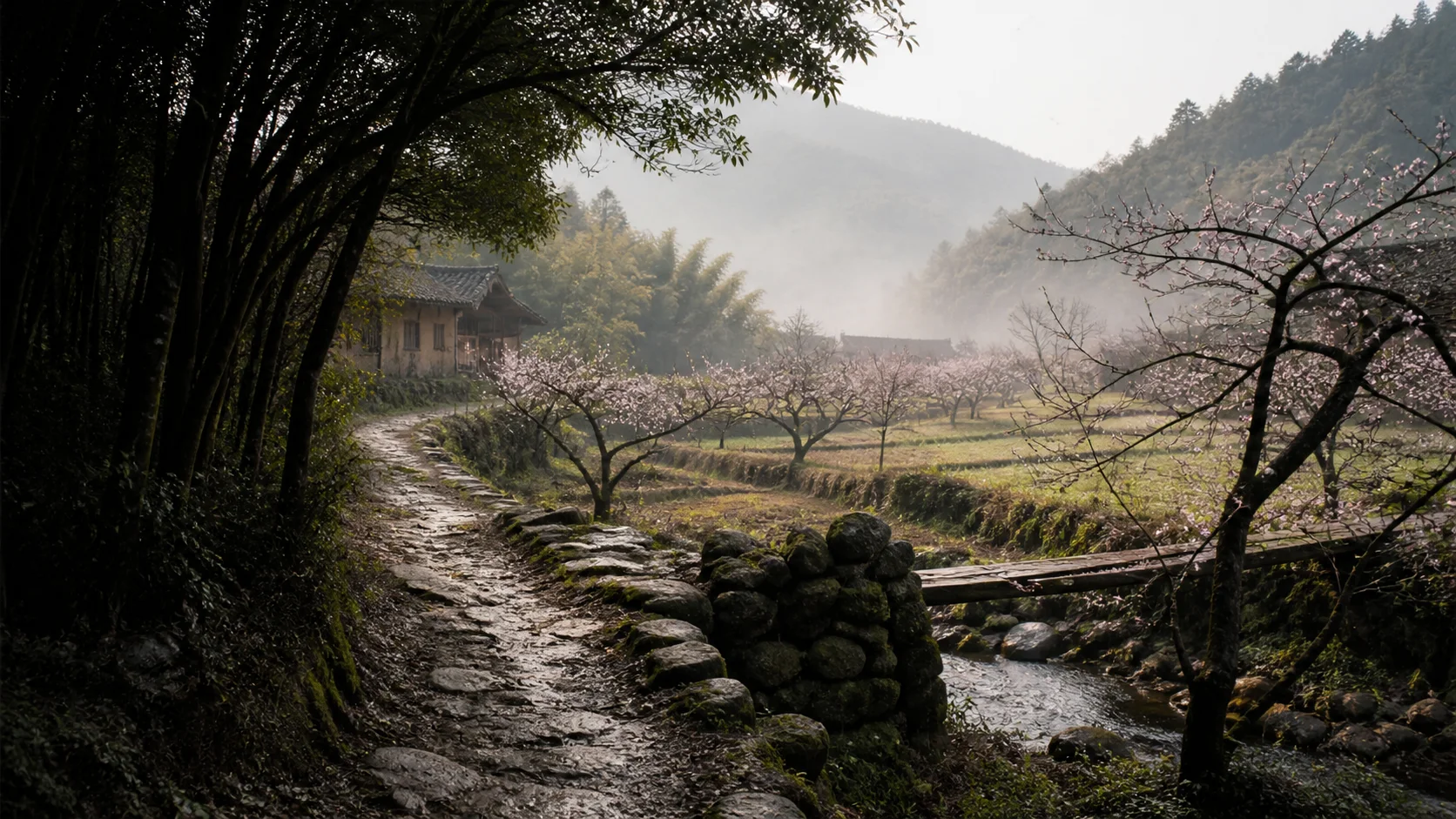 A quiet mountain valley with a village path, peach trees, water, and late afternoon mist