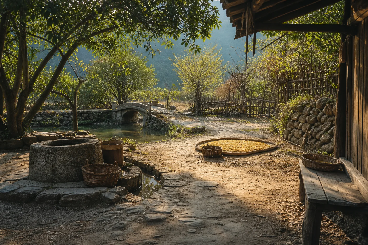 A shared village courtyard with a long table, trees, and an open passage into the landscape