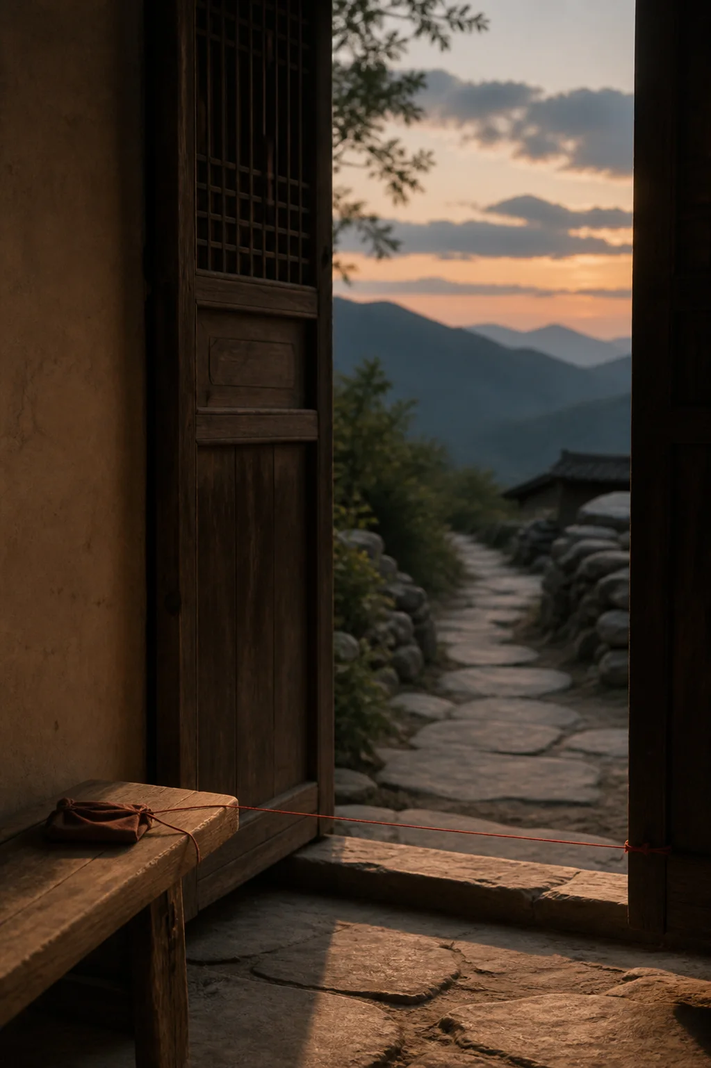 An open wooden doorway leading to a mountain path, with a folded cloth pouch resting on a bench