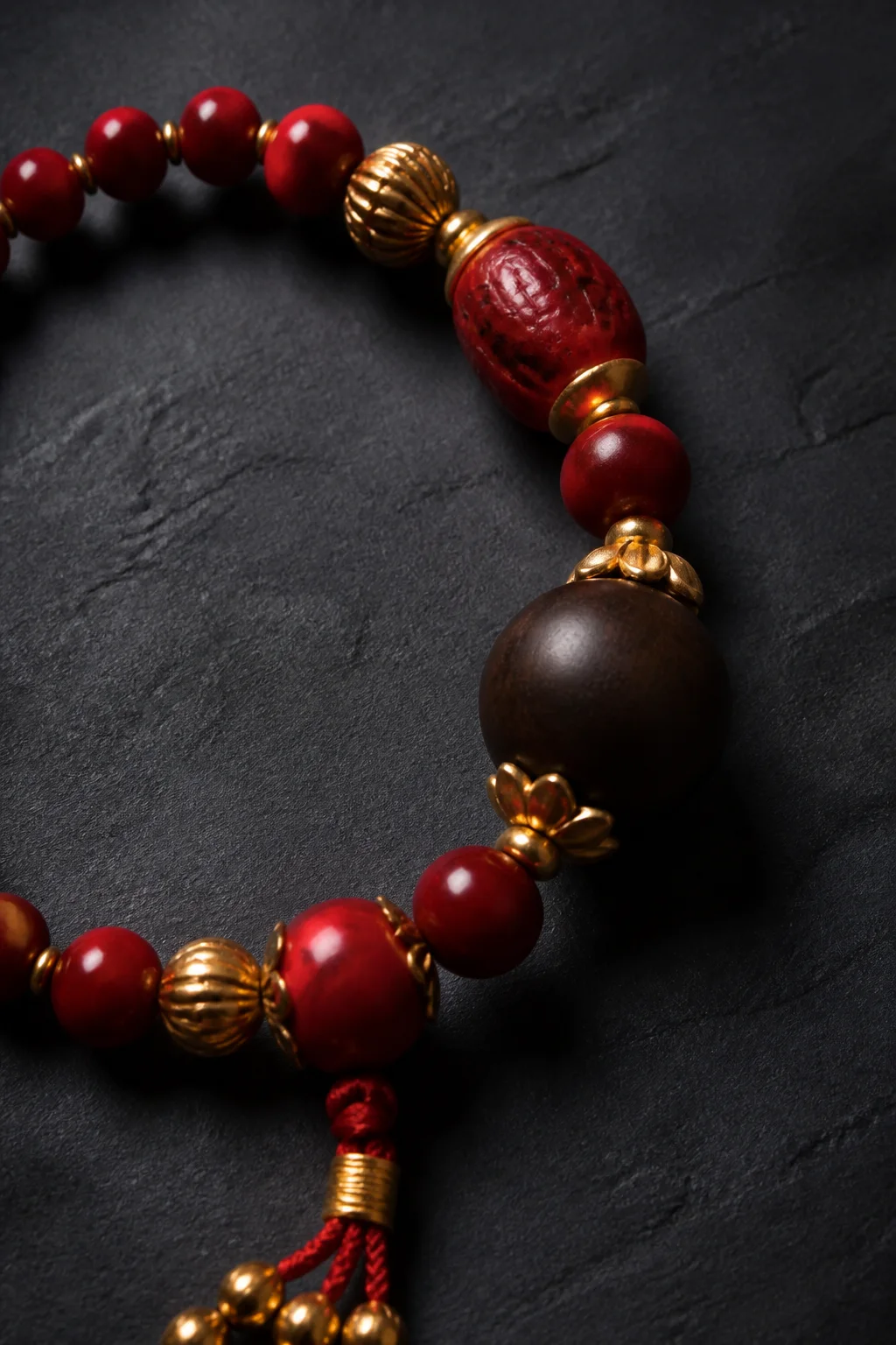 Close detail of deep red beads and warm gold-toned accents arranged in a circular form