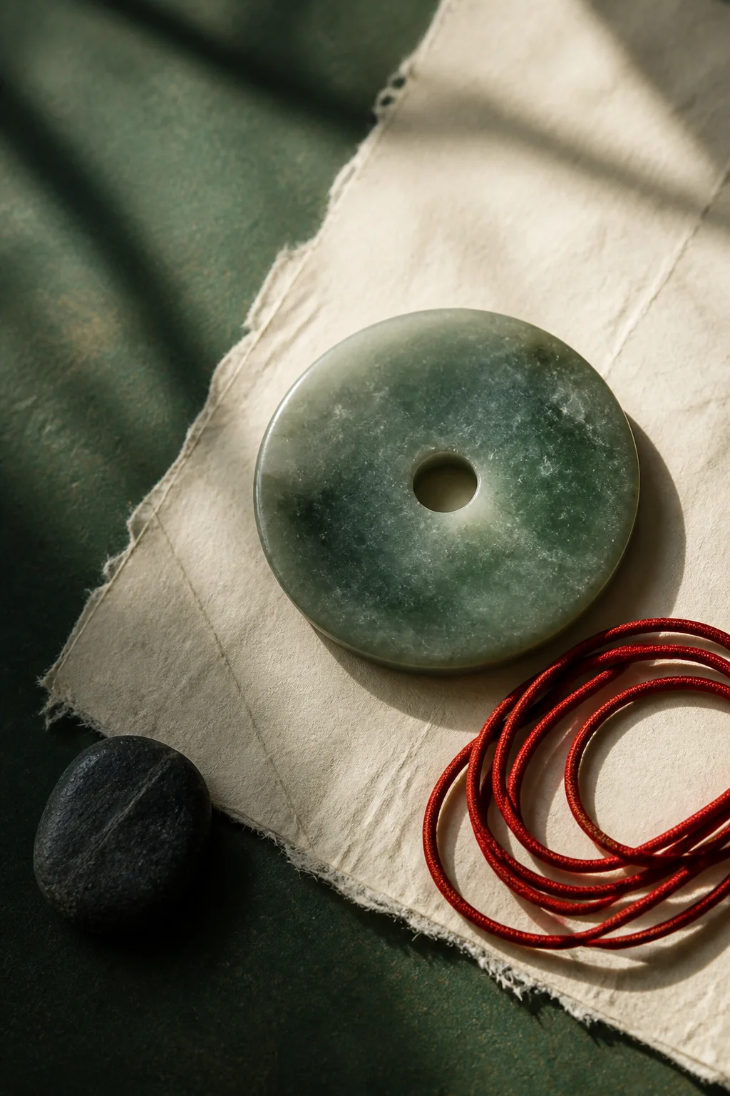A round green jade disc beside a small unbranded red cord on handmade paper
