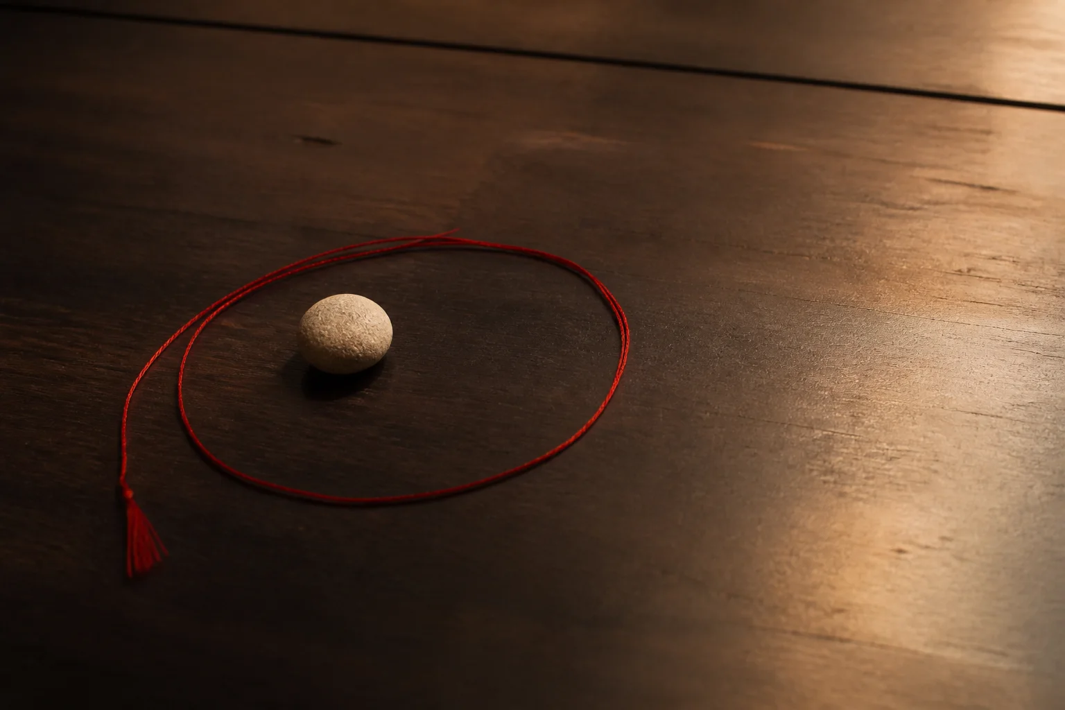 A red thread loop resting beside a small round stone in the last light of day