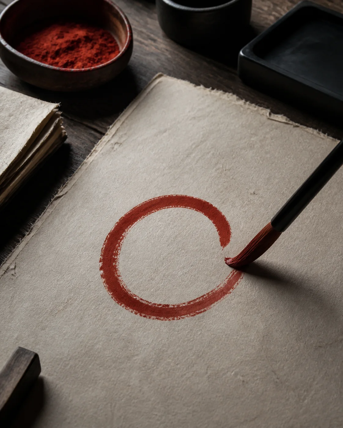A fine brush drawing an imperfect vermilion circle on handmade paper beside a dish of red mineral pigment